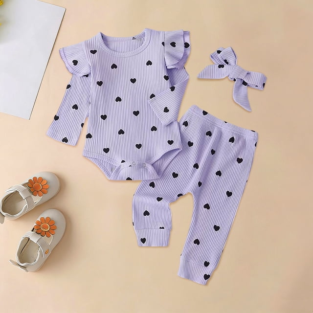 Conjuntos de blusas y camisas de cuello redondo y manga larga para bebés y niñas pequeñas, con estampado de corazones, volantes, pantalones, diadema, ropa, traje para niña