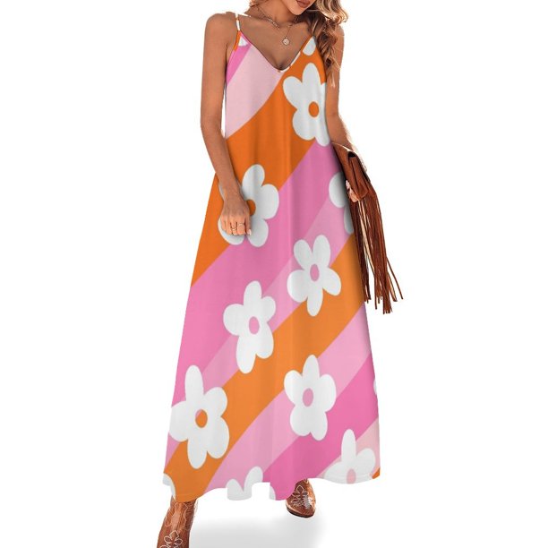 Vestido sin mangas con estampado de flores onduladas en rosa y naranja, vestidos de verano para mujer , vestido de mujer