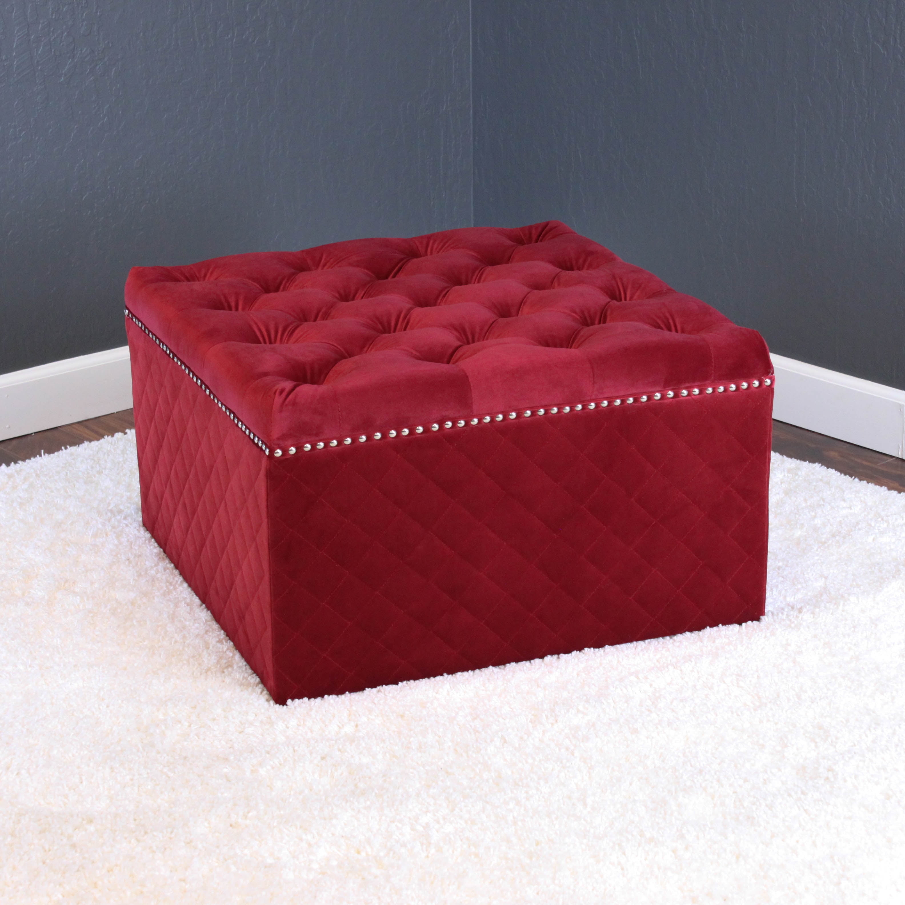 Lemele 27" Square Velvet Ottoman(Deep Red)