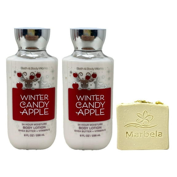 Bath & Body Works Winter Candy Apple Body Lotion 2 Pack with a Marbela Wild Jasmine Bar Soap.