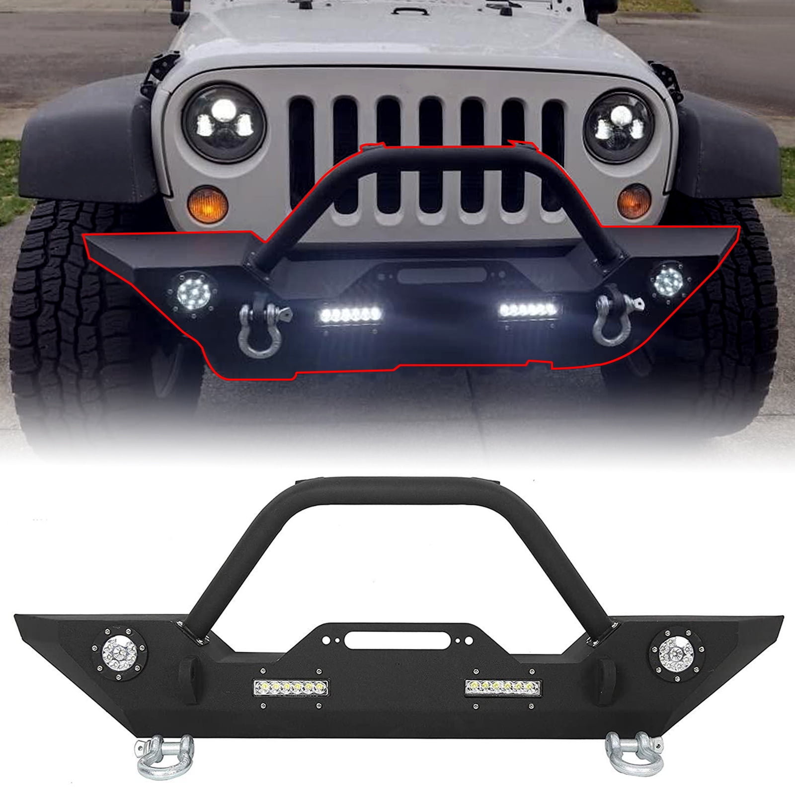 HECASA Front Bumper w/LED Light Winch Plate Compatible With 2007-2019 Jeep  Wrangler JK & Unlimited Rock Crawler 