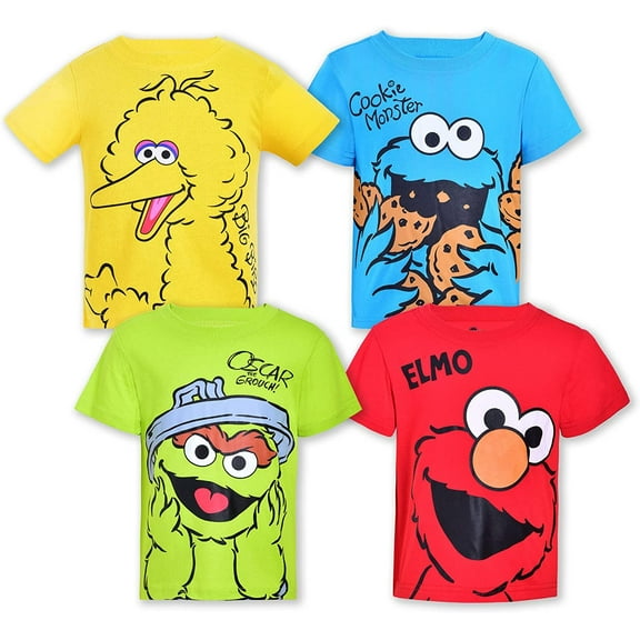 Sesame & Friends Big Bird, Cookie Monster and Elmo Boys 4 Pack Character Short Sleeve Tees, Toddler
