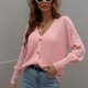 thumbnail image 3 of Cárdigan de punto para mujer, suéter con cuello en V, manga larga, botones, color liso, prendas de vestir exteriores sueltas, Tops para otoño invierno primavera rosa M, 3 of 7