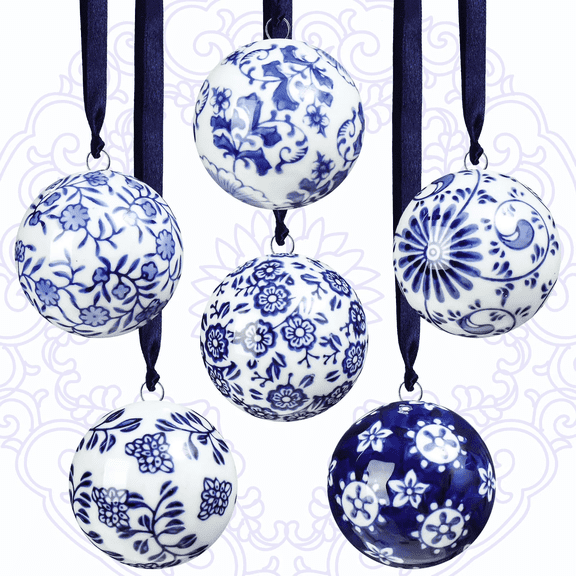 Blue and White Christmas Porcelain Balls, Chinoiserie Ornament, 2.4inches Ceramic Hanging Balls for Christmas Tree, Hanging Decorative for Tree Home Xmas Party(6PCS )