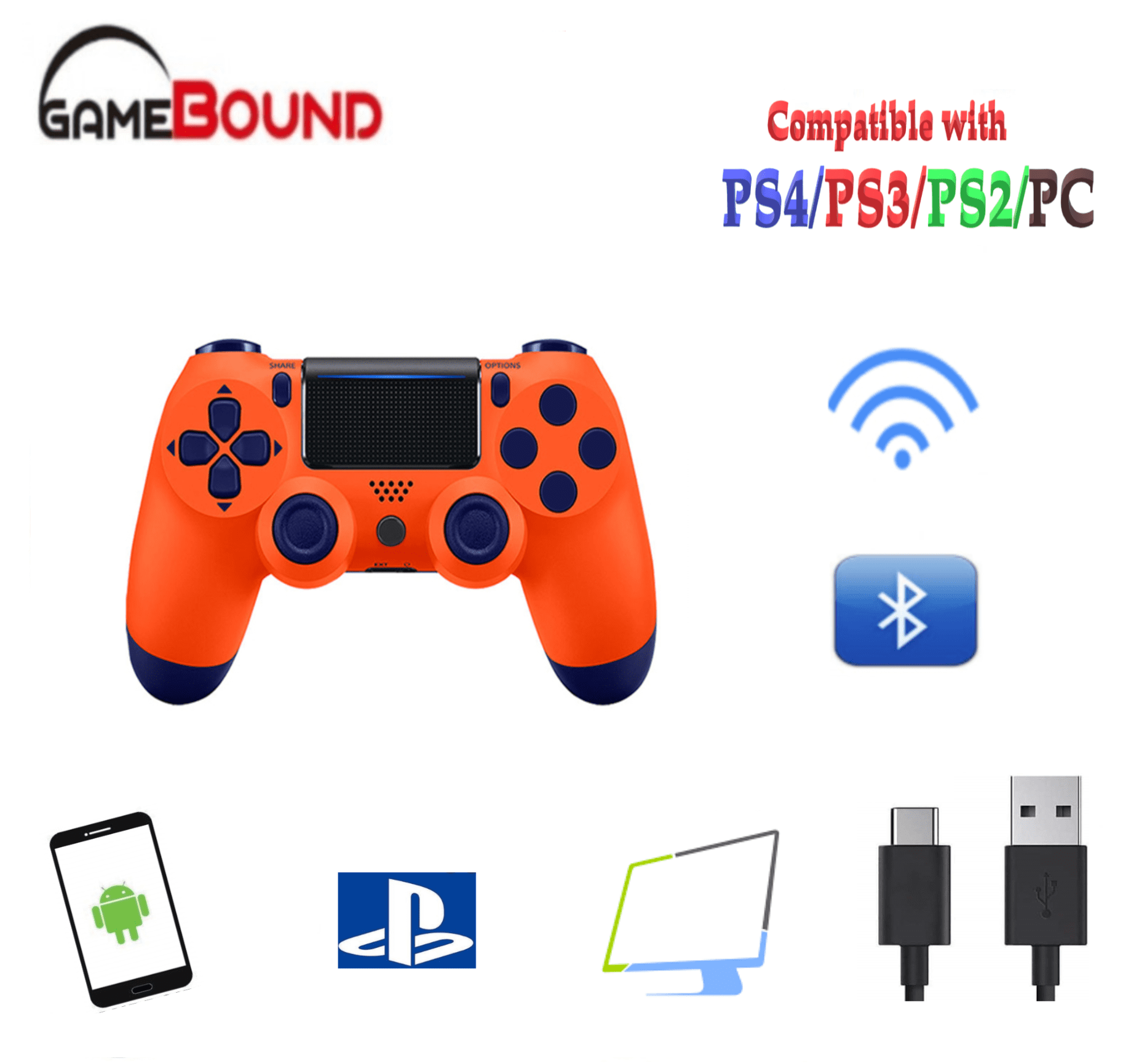 Wireless Bluetooth Controller for Playstation 4 with Dual Vibration Compatible with Windows PC & Android OS(Orange)