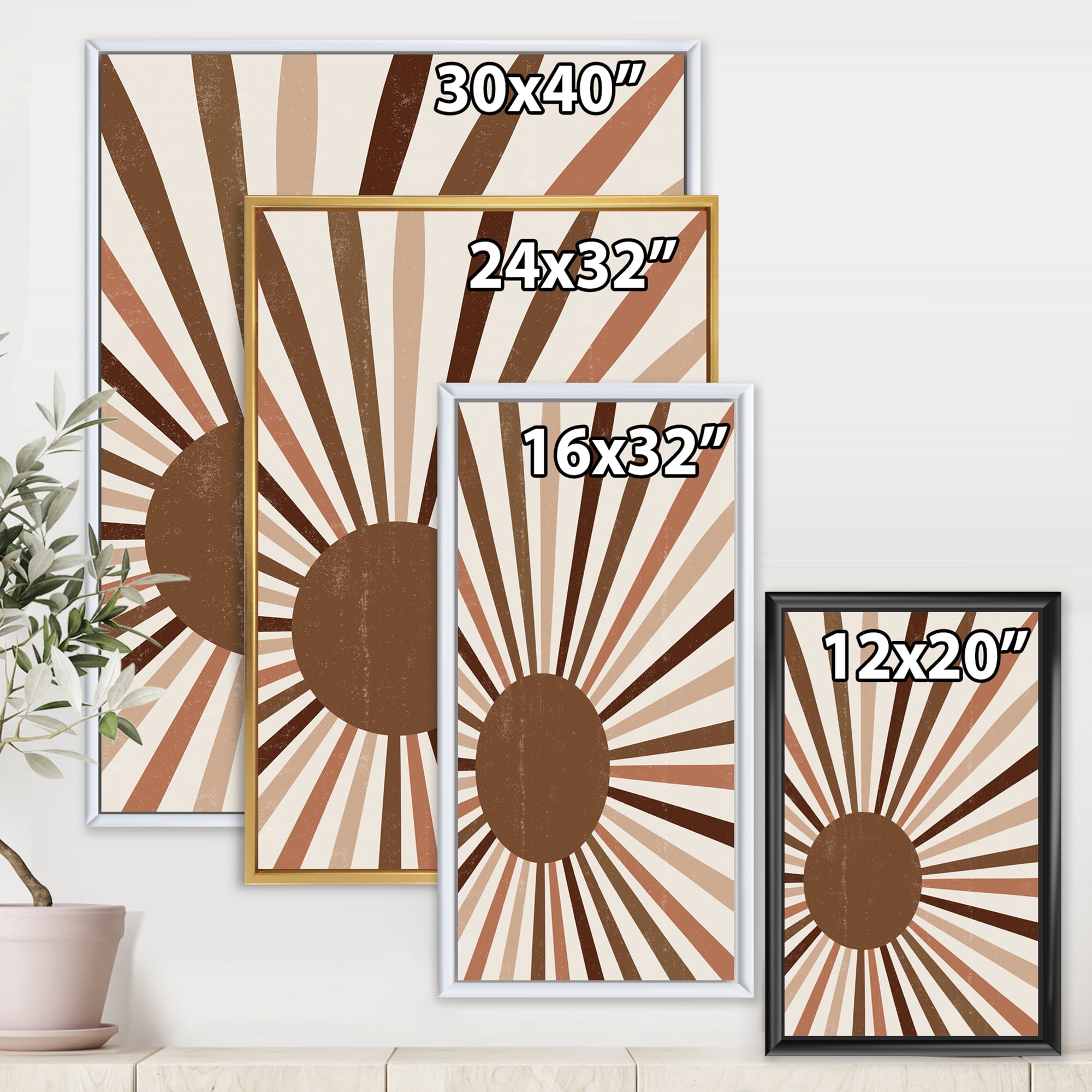 Designart 'Bright Minimalist Shining Terracotta Sun Rays' Modern Framed Canvas Wall Art Print
