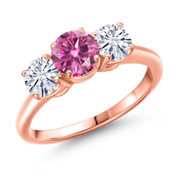 Gem Stone King 18K Rose Gold Plated Silver Pink Moissanite and White Moissanite Engagement Ring for Women | 1.80 Cttw | Round 6MM | Gemstone Birthstone | Size 8