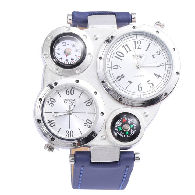 Reloj de cuero genuino con doble inserto, termómetro y brújula para deportes al aire libre, de cuarzo (azul)