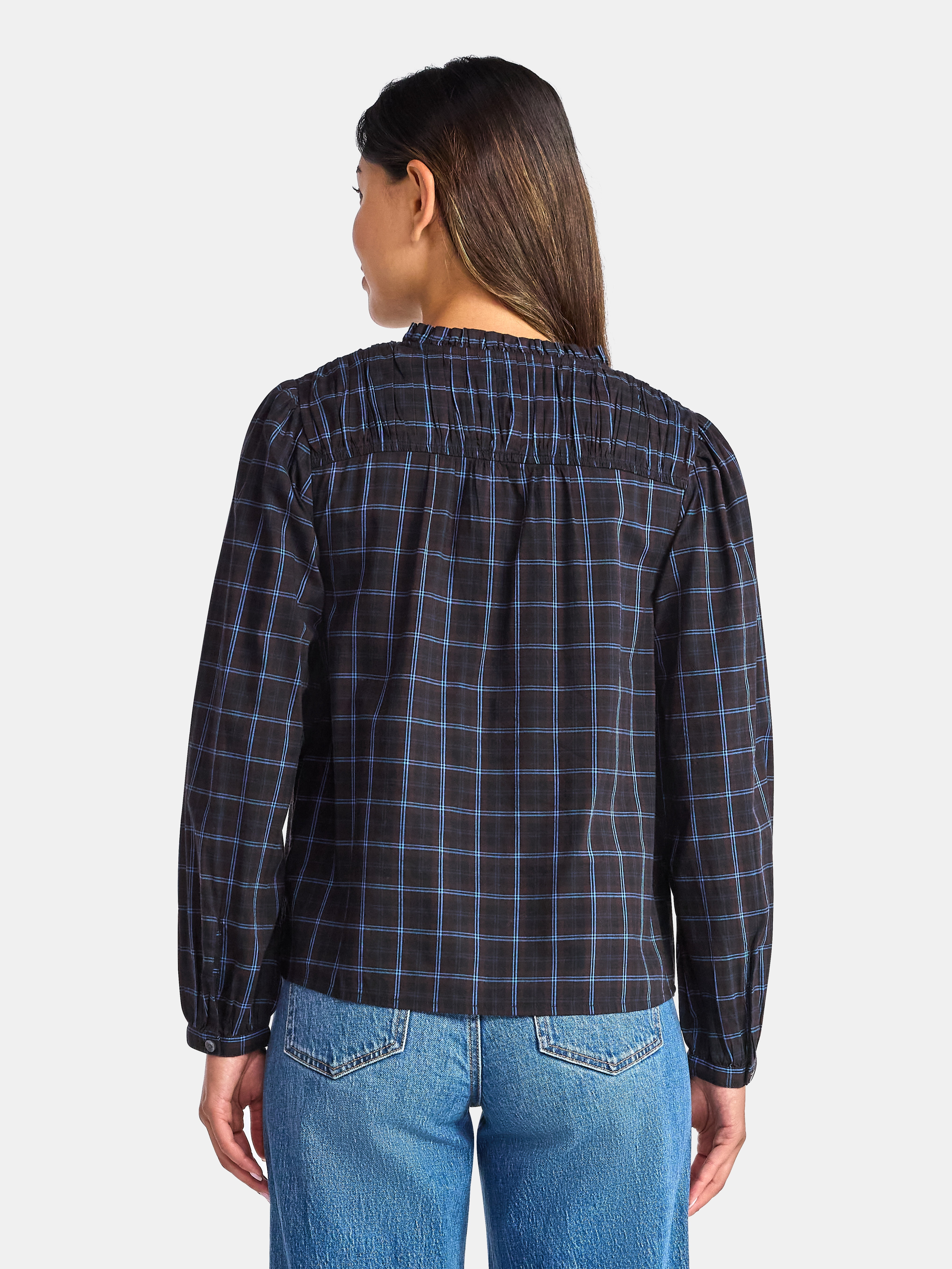 Time and Tru Women's Ruched Yoke Blouse with Long Sleeves, Sizes XS-XXXL
