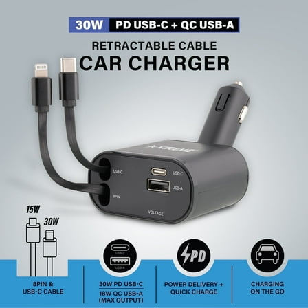 Xtreme Power Pro Series 4-in-1 Retractable Car Charger with USB-C & 8-Pin Cables, Black