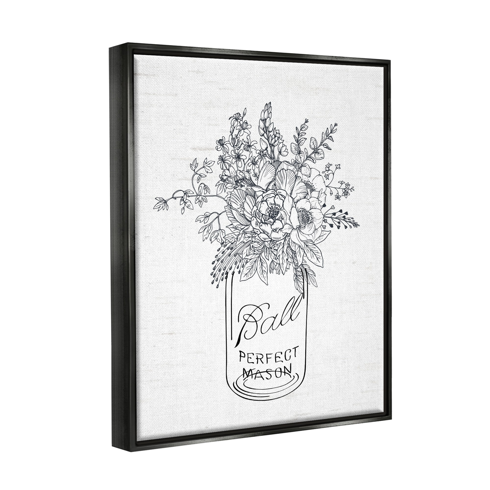 Stupell Industries Detailed Flower Bouquet Outline Drawing Rustic Jar Graphic Art Jet Black Floating Framed Canvas Print Wall Art, Design by Lettered and Lined