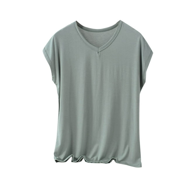 BLVB Plus Size Pajama Tops for Women Loose Fit V Neck Short Sleeve Soft Modal Sleep Shirts Loungewear