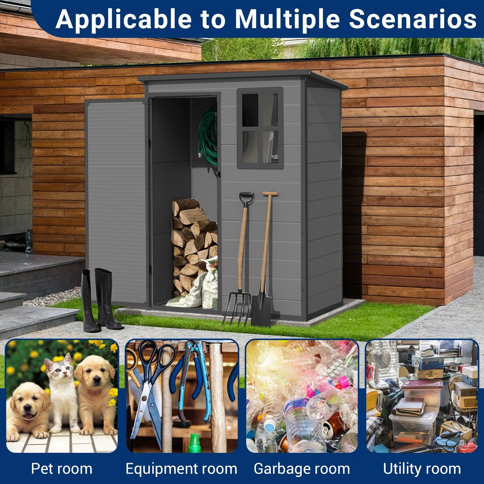 MRUAKA Storage Shed 5×3 FT, Resin Sheds & Plastic Outdoor Storage with Floor Outdoors Garden Tool Shed Tuff Outside Patio Shed with Lockable Door for Bike,Dark Gray,