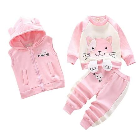 

JIEU Boys and Girls 3 Piece Flannel Set Cat Print Pullover Sweatshirt Hooded Zipper Vest Thick Pants Winter Outfits for Baby 0 2 Years Outdoor Clothes