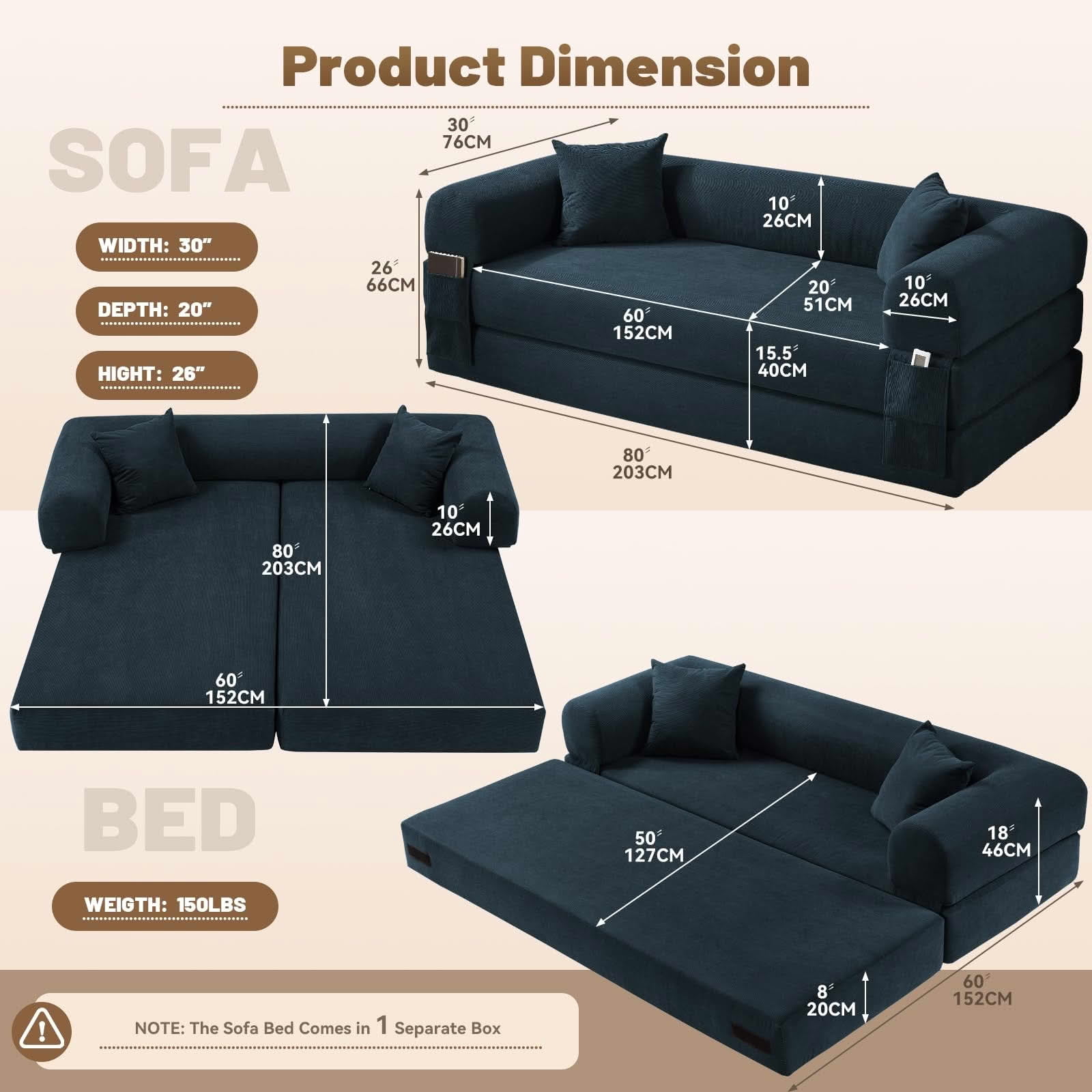 MAYEERTY 80" Navy Blue Corduroy Convertible Sofa Bed, 600lbs Queen Size Fold Out Sleeper Couch with Storage & No Assembly for Living Room