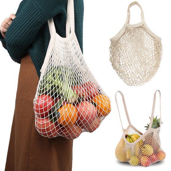 sunsanly Cotton Mesh Bag Reusable Grocery Tote with Long Handles Washable Eco-Friendly Shopping Handbag Lightweight Foldable Net Tote for Fruits And Vegetables