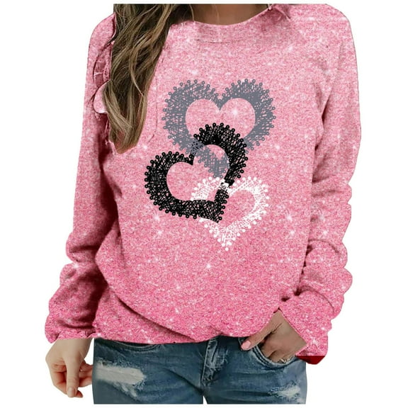 Clearance Oversized Crewneck Sweatshirt Women Women's Spring Autumn And Summer Love Printed Bright Glitter Hoodless Long Sleeve Loose Round Neck Daily Hundred Sweatshirt