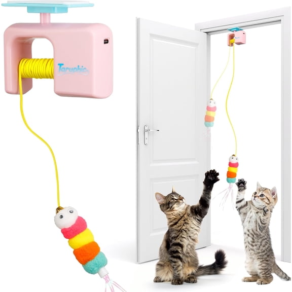 Automatic Cat Toy Interactive String Feather Toy, USB-C Rechargeable Door Hanging Self-Play Toy, Electronic Motion Kitten Toy with Detachable Feathers, for Indoor Cats