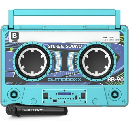 Restored Bumpboxx Remixx Bluetooth Boombox Bluetooth Speaker with The Looks of a Cassette | Bringing Back The Retro Cassette Vibes | Includes Wireless Microphone | Neon Blue (Refurbished)