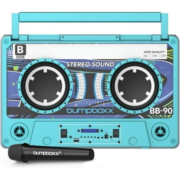 Restored Bumpboxx Remixx Bluetooth Boombox Bluetooth Speaker with The Looks of a Cassette | Bringing Back The Retro Cassette Vibes | Includes Wireless Microphone | Neon Blue (Refurbished)