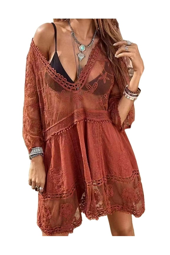 Swimsuit Coverup for Women Lace Stitching Bathing Suit Cover Ups Plus Size Beach Coverup Alsol Lamesa
