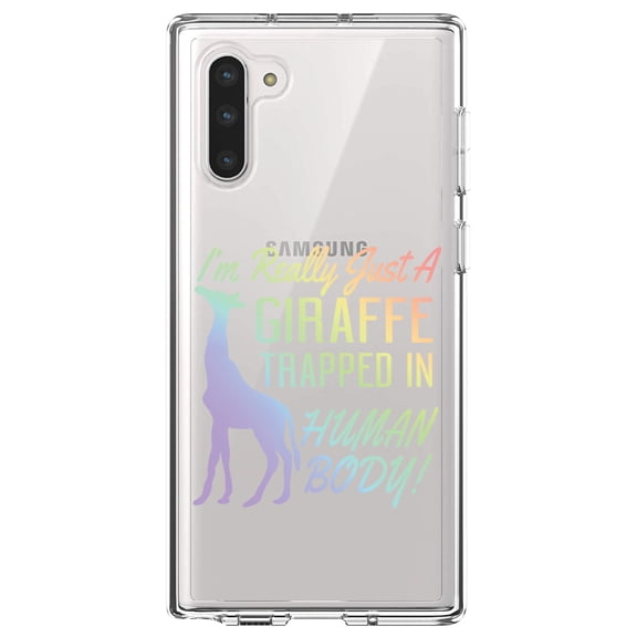 DistinctInk Clear Shockproof Hybrid Case for Samsung Galaxy Note 10 (6.3" Screen) - TPU Bumper Acrylic Back Tempered Glass Screen Protector - Just a Giraffe Trapped in a Human Body