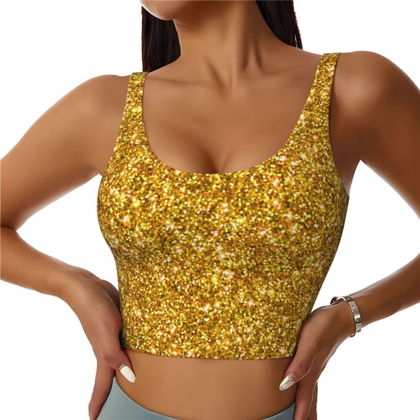 Balery Gold Glitter Sujetadores deportivos con espalda cruzada para mujer, acolchados, sin costuras, de alto impacto, ideales para yoga, gimnasio, entrenamiento y fitness.-X-Large