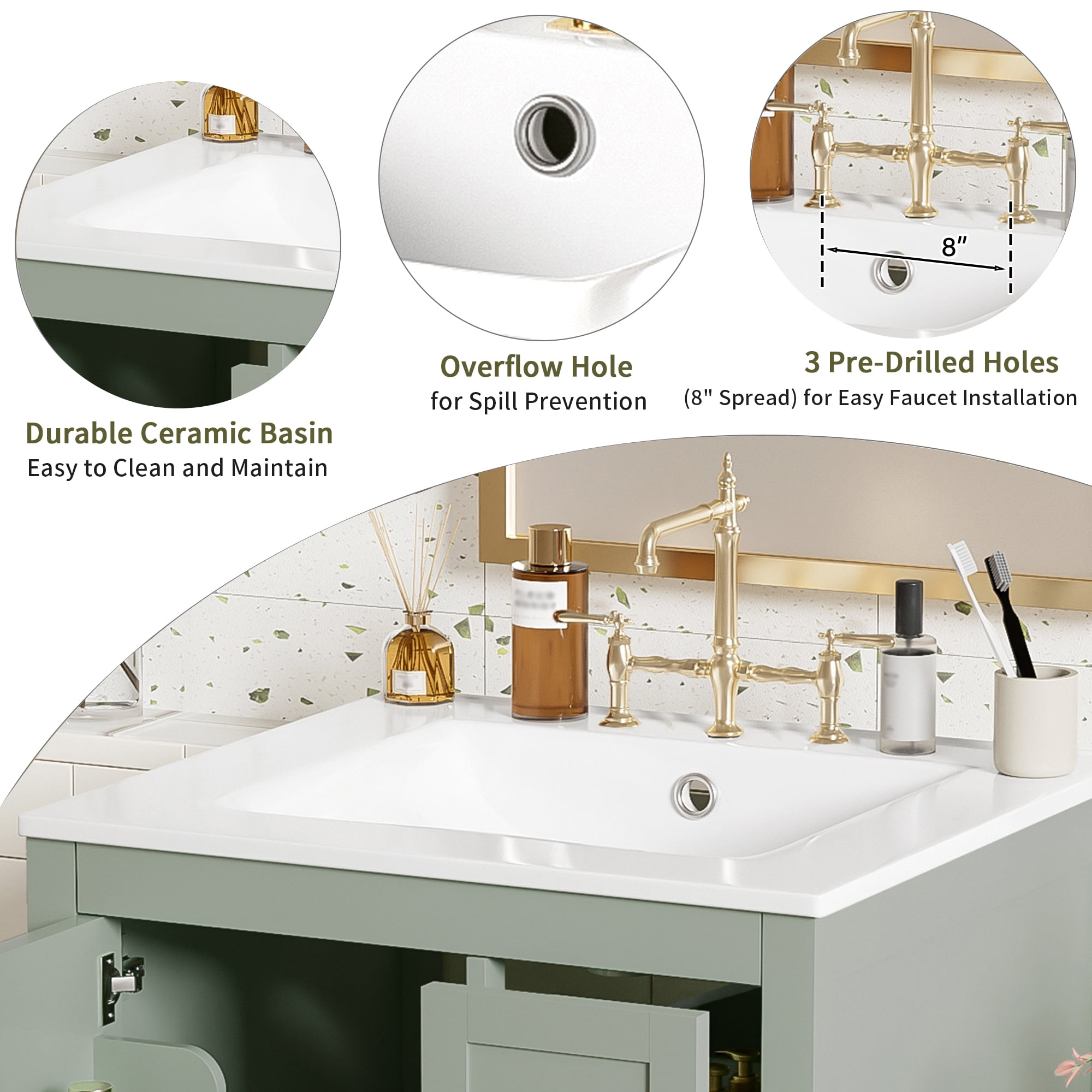 viswild 24" Bathroom Vanity with Ceramic Sink, Soft-Close Door, 3 Drawers & Double Door Shelves for Small Spaces, Green
