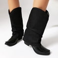 thumbnail image 3 of Black Denim Splicing Fold Over Boots for Women Fashion Fringe Chunky Heel Mid Calf Western Cowboy Booties, 3 of 6