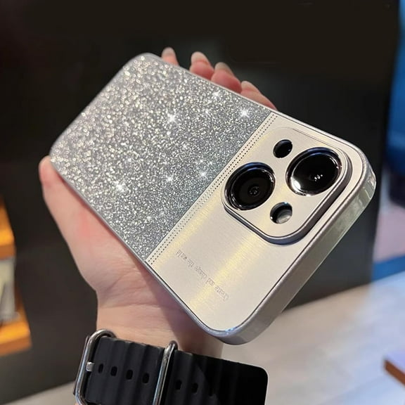 Compatible with iPhone 15 Plus Bling Case Sparkling Glitter Metal Wire Drawing Glossy Slim Thin Lightweight Fashion Lens Protection Shockproof Cover for Women Girls
