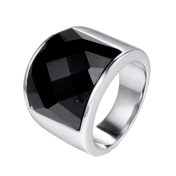 PAMTIER Men's Stainless Steel 19MM Fashion Black Agate Rhomboid Cut Gemstone Ring Silver Plated Engagement Wedding Bands Size 8