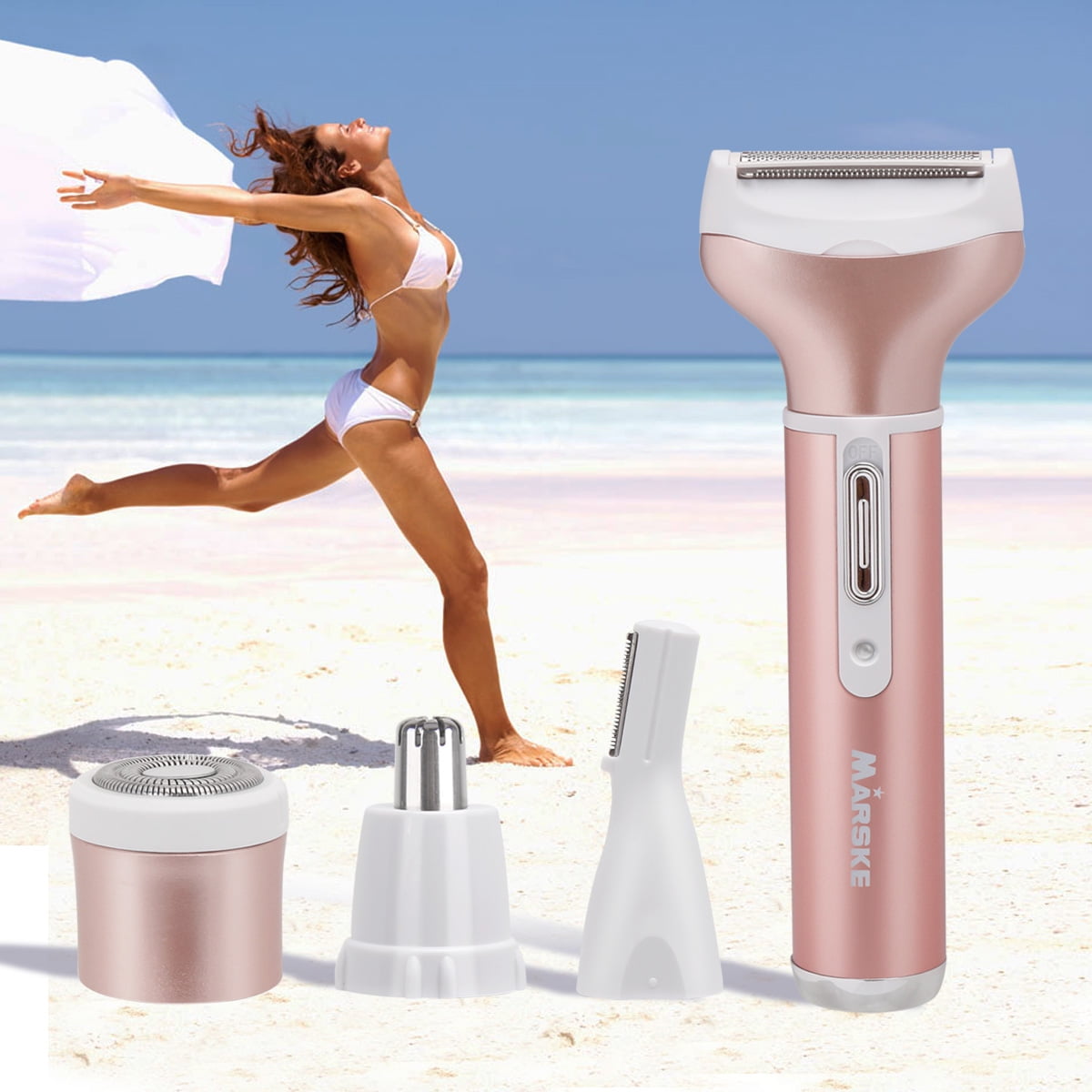 Rechargeable Eyebrow Trimmer & Facial Hair Remover for Women, 4 IN 1 Eyebrow Razor and Painless Hair Remover, Eyebrow Lips Nose Body Facial Hair Removal for Women (Rose Gold)