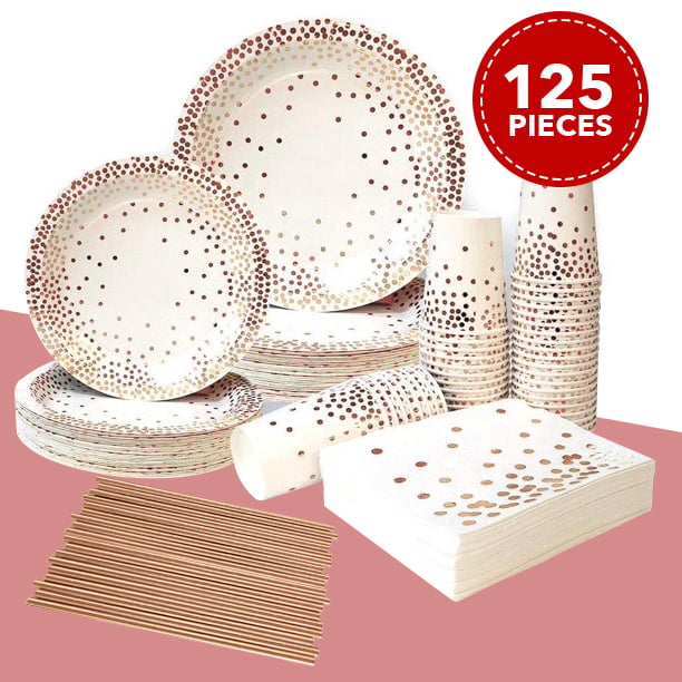 Birthday Kederwa Rose Gold Party Supplies Party Tableware including Paper Plates Napkins Cups Straws and Foil Tablecloth for Weddings Serve 24 Guest Anniversary