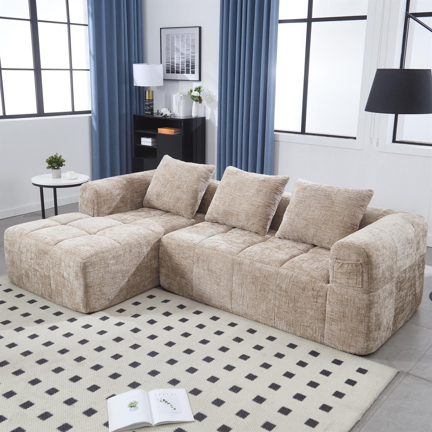 Demi Bonn 98" L-Shaped Modular Sectional Sofa with Chaise, Side Pockets, Modern Comfort Couch, Compression-Free Installation for Living Room, Beige