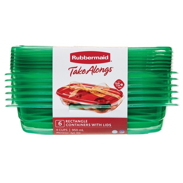 Rubbermaid TakeAlongs Large Rectangular Food Storage Container, 4 Cup, 6Pack, Green