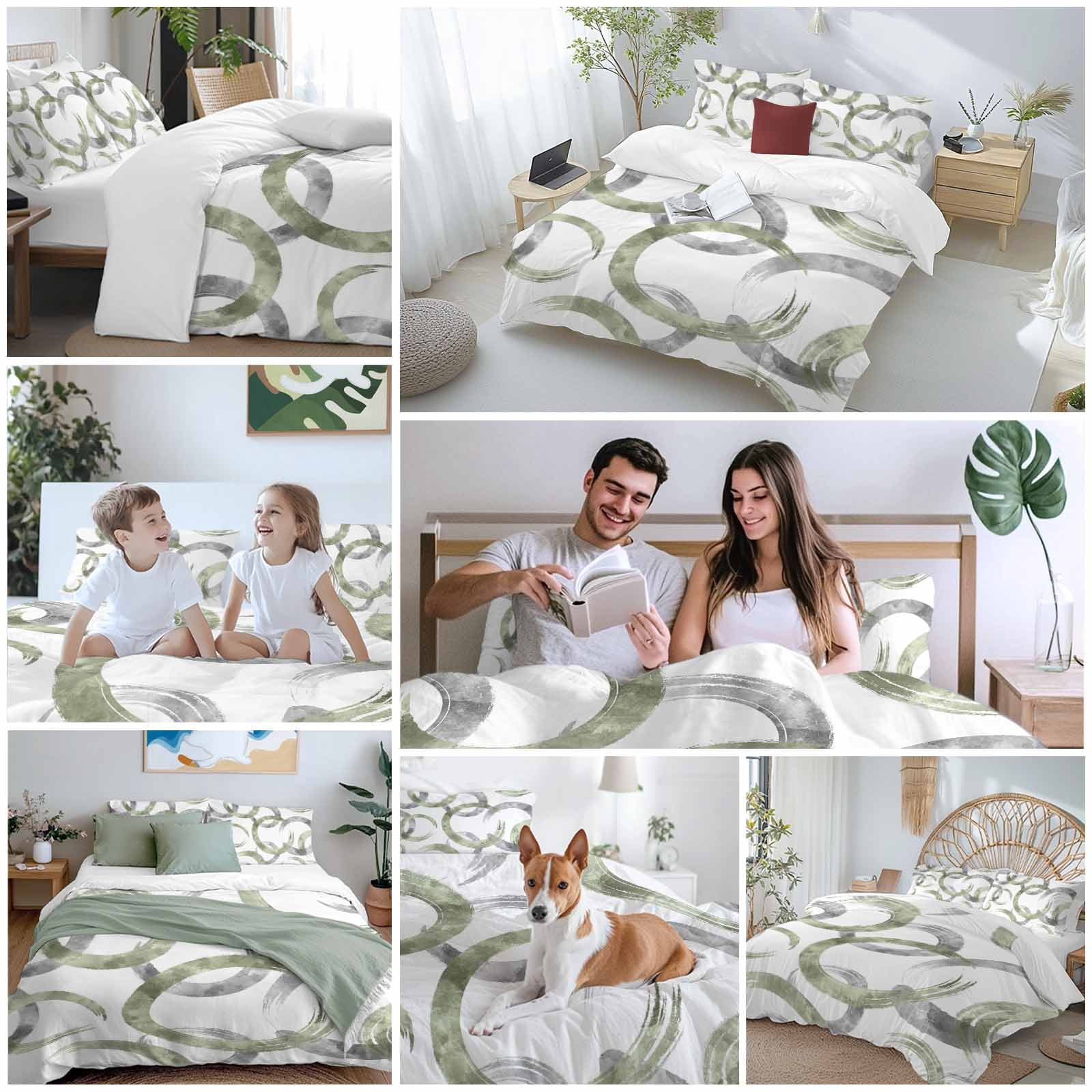 Sage Green Grey Bedding 3 Piece Duvet Cover Set Twin Size, Geometric Circle Modern Abstract Simple Art Soft Microfiber Comforter Cover with Zipper Closure & Pillowcases, FadeResistant Quilt Cover