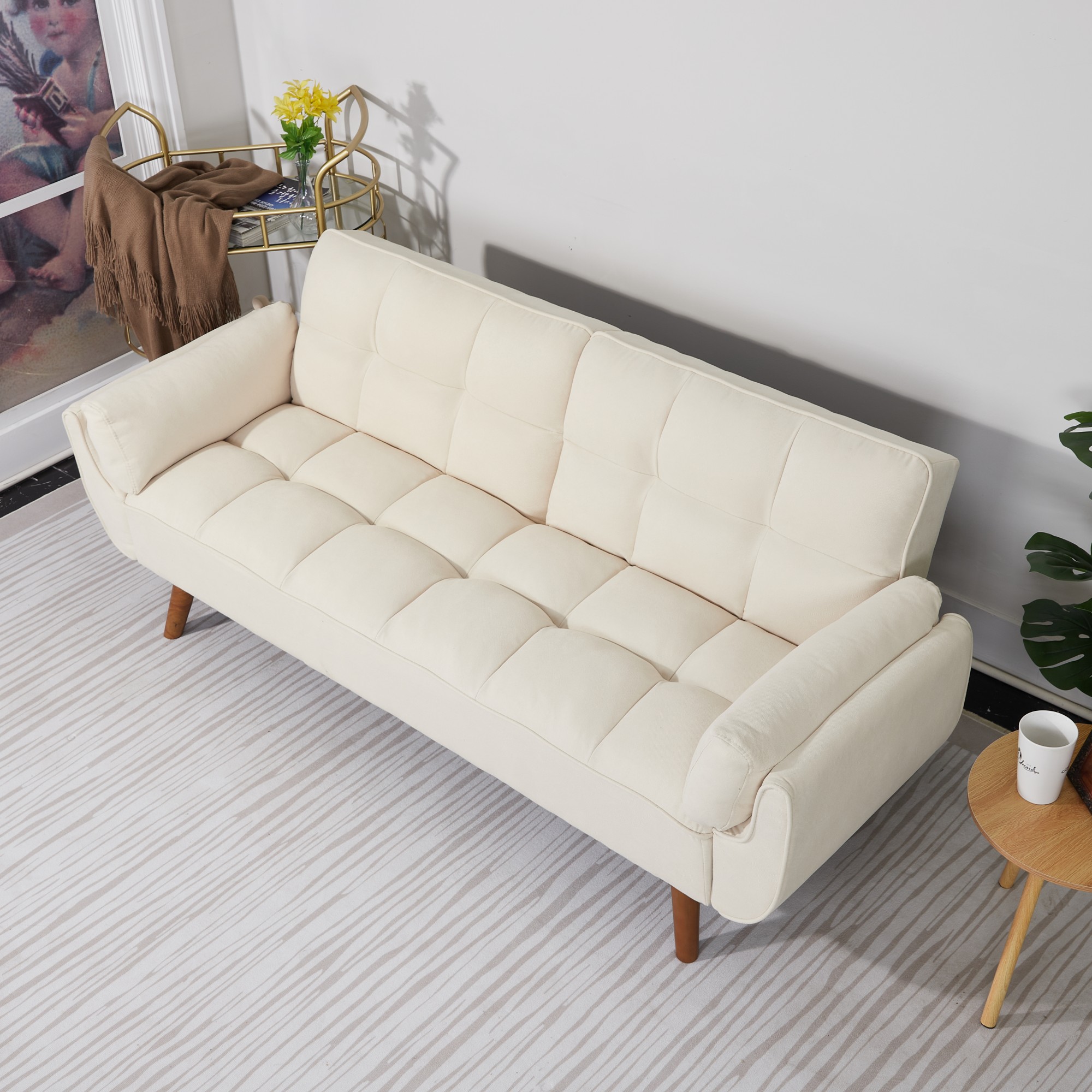 Gewnee Mid-Century Modern Beige Sofa - Solid Eucalyptus Wood Frame, 500 lbs Capacity, S-Shaped Springs for Apartments, Living Rooms, Studies