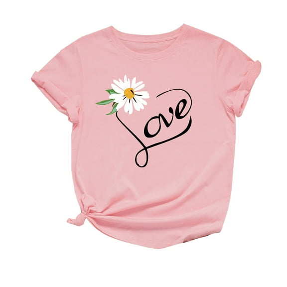 BUIgtTklOP Womens Tops 2024 Clearance Fashion Casual Loose Floral Letter Print Round Neck Top T-Shirt