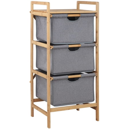 3 Section Freestanding Bamboo Laundry Organizer Divided Clothes Basket Sorter Organizer with Pull Out Hamper Drawers for Bedroom Laundry Room Towel