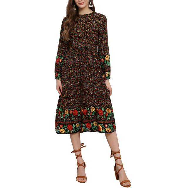 VESTIDOS BOHO CHIC de INSPIRE para Mujeres, Floral, Cuello Redondo, Mangas Largas, Vestido Midi de Verano, Negro-Rojo-Amarillo Floral L