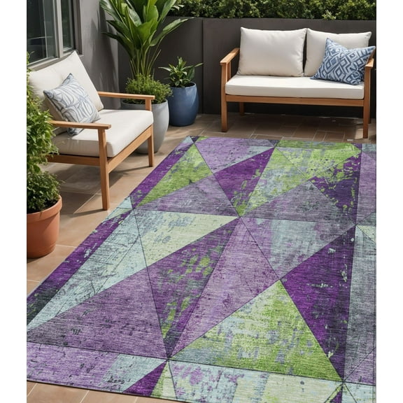 HomeRoots 618728 5 x 8 ft. Purple & Lime Green Geometric Washable Indoor & Outdoor Rectangle Area Rug