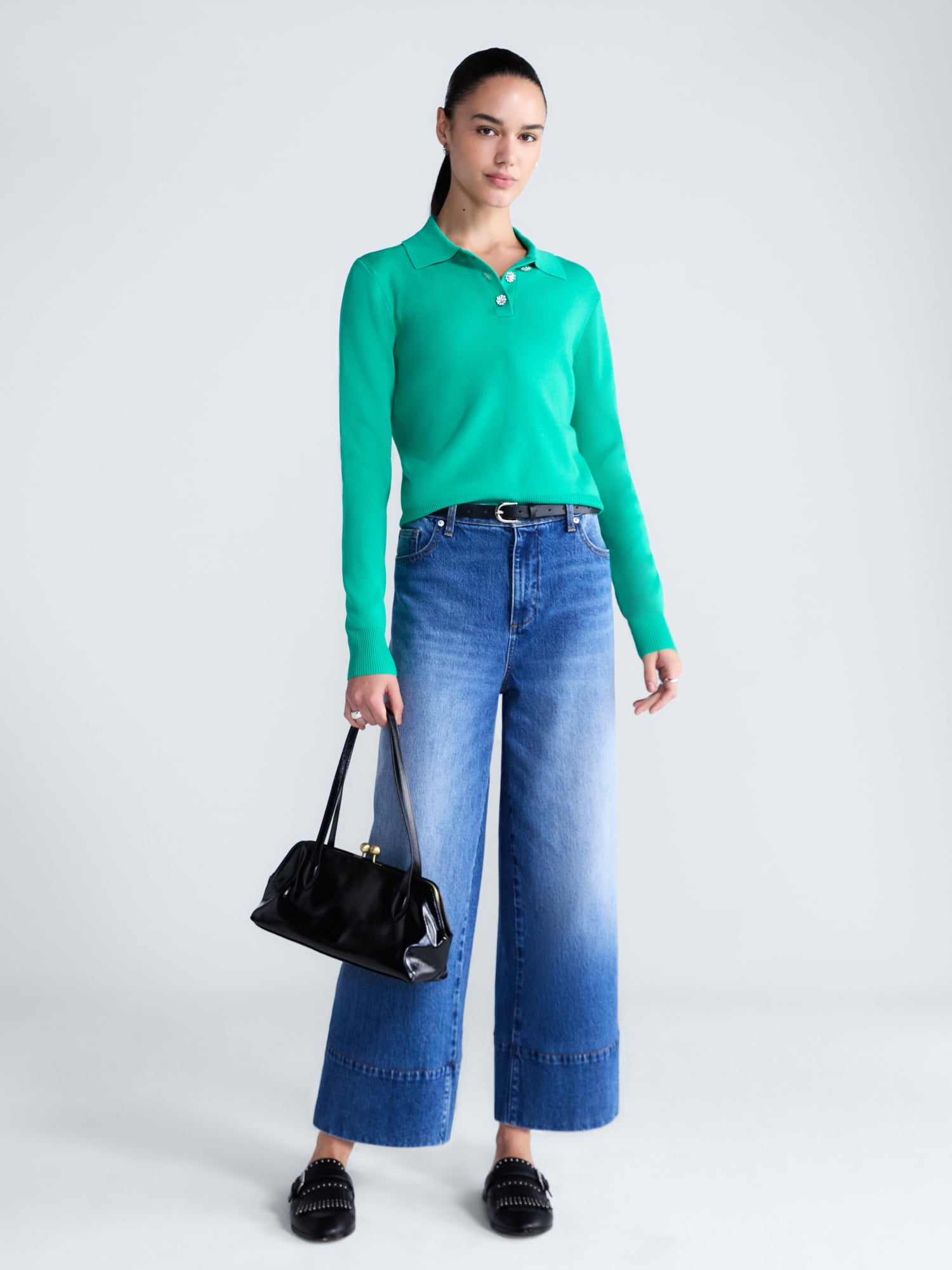 Free Assembly Women's and Women's Plus Polo Sweater with Long Sleeves, Lightweight, Sizes XS-4X