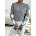 thumbnail image 5 of Female Floral Pattern Crewneck Long Sleeve Drop Shoulder Sweaters Pullover Tops Light Gray XL, 5 of 9