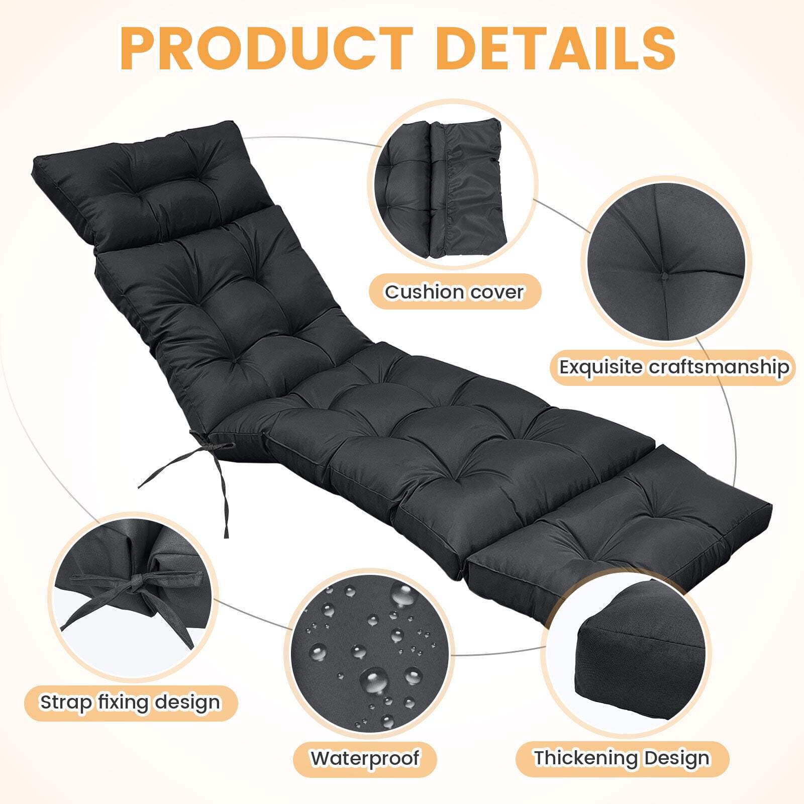 Outdoor Lounge Cushion Patio Chaise Replacement 71 x 20 Inch Rocking Cushion for Furniture Sofa Non Slip Beach Pool Recliner Sunbathing Chair Pads with Headrest