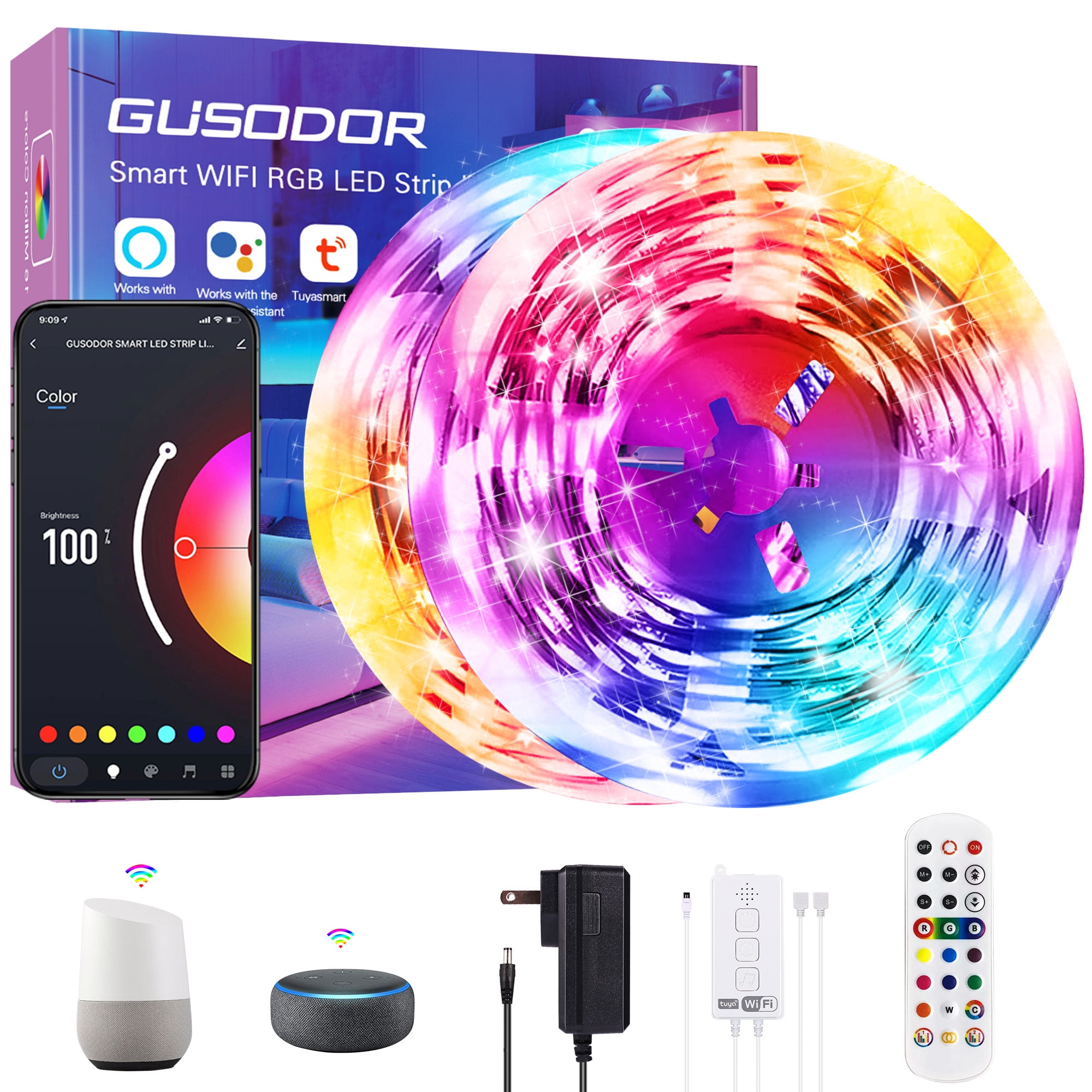 GUSODOR 65.6ft WiFi LED Strip Lights Work with Alexa and Google Assistant Music Sync Led Light Strips for Bedroom Party Indoor(Bluetooth/App/Remote Control)