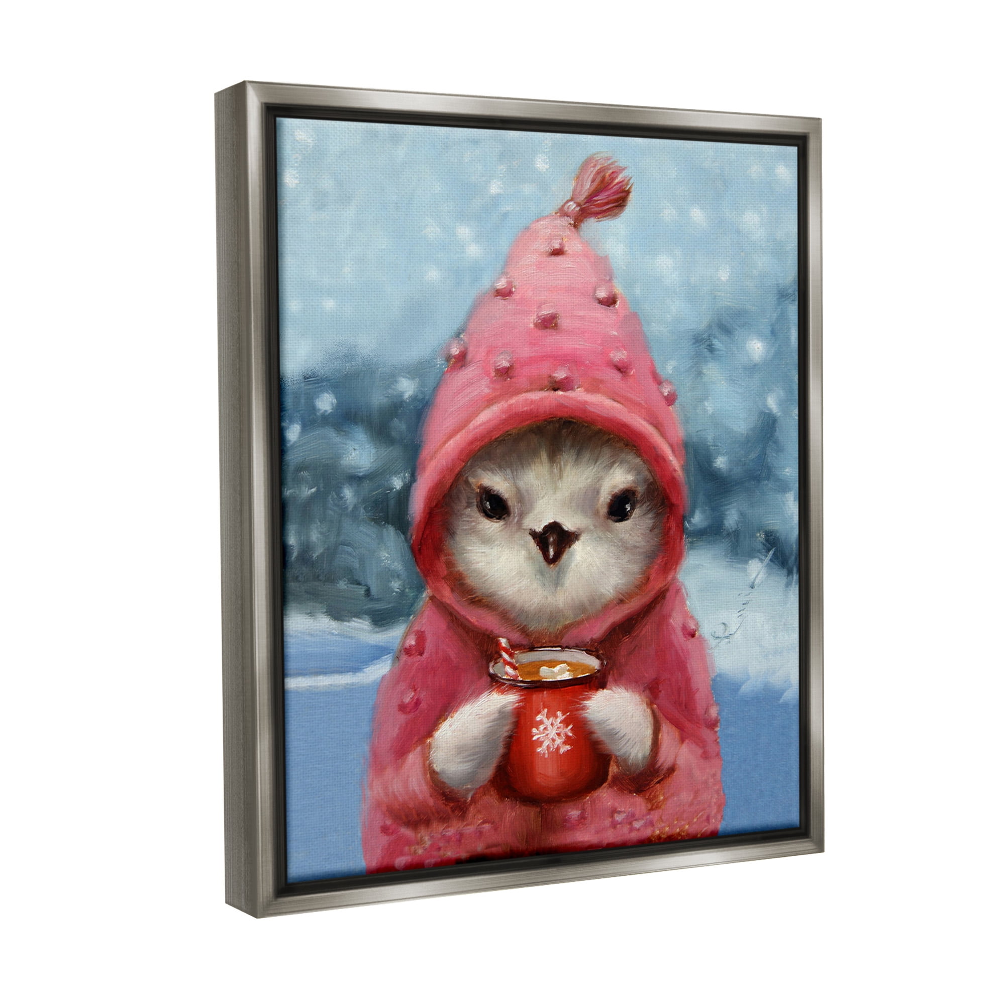 Stupell Industries Bird with Winter Cocoa Holiday Painting Gray Floater Framed Canvas Art Print Wall Art, 17 x 21