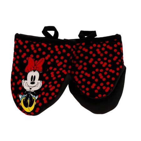 Disney Kitchen Cotton Mini Oven Mitts/Glove Set w/ Neoprene Insulation for Easy Gripping, 5” x 6.5”, Minnie Black & Red,