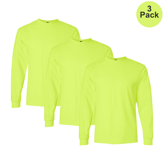 Gildan Hi-Vis Men's Ultra Cotton T-Shirt, Long Sleeve Crew Neck Workwear, Safety Green, 3-Pack, S