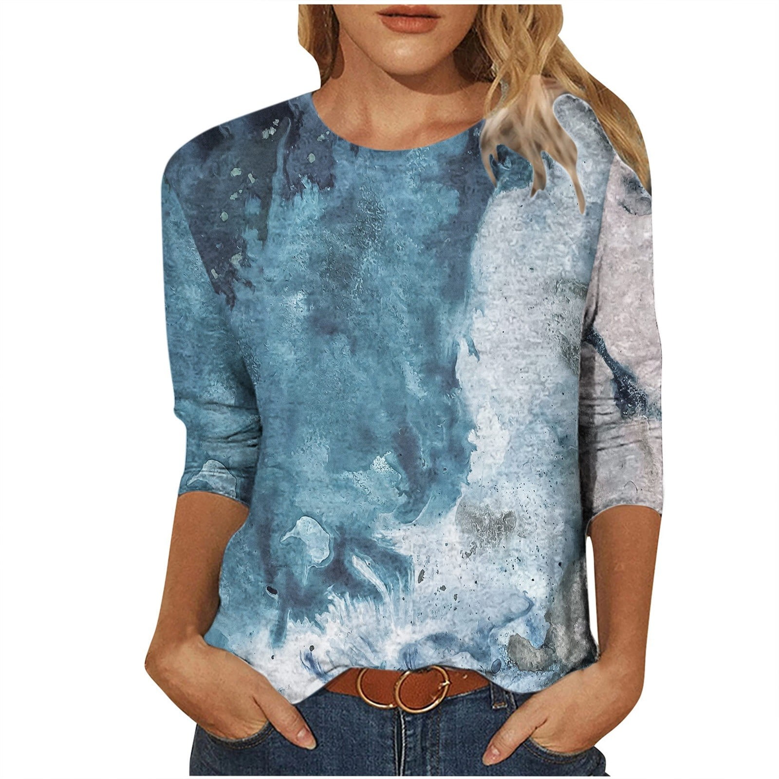 Tie Dye 3/4 Sleeve Shirts for Women, Round Neck Loose Pullover Tops ...
