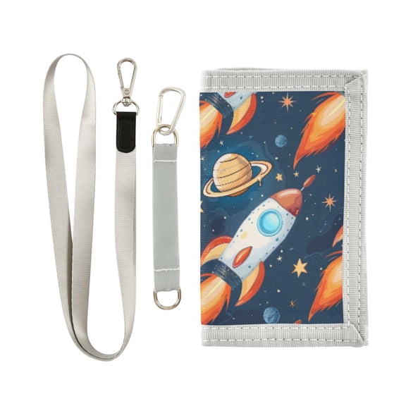 JIALIOU Nylon Trifold Card Wallet with ID Window Zipper Pocket for Men Women Teen Cartoon Rocket Planet Star